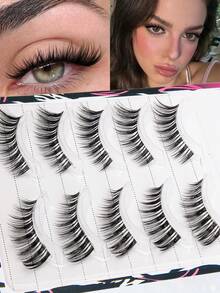 5 Pairs Natural Long Curly Eyelashes, Cat Eye, Cartoon, Transparent Stem, Eyelash Extension 7-15mm, Suitable For Daily, Date, Party, QHK-2619-5 - Black - View 1