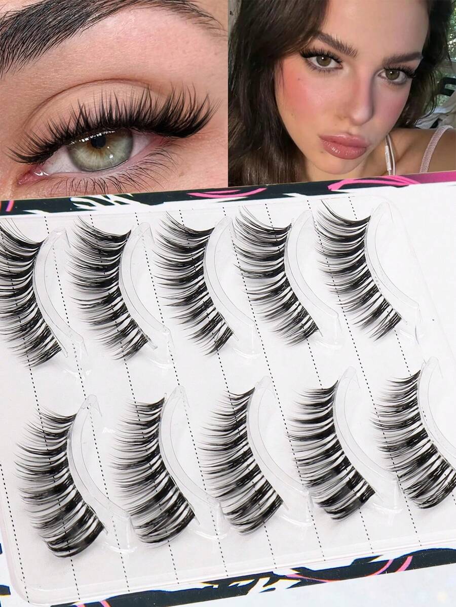 5 Pairs Natural Long Curly Eyelashes, Cat Eye, Cartoon, Transparent Stem, Eyelash Extension 7-15mm, Suitable For Daily, Date, Party, QHK-2619-5 - Black - View 1