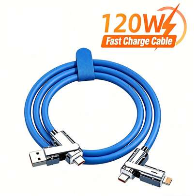 120W 四合一锌合金快充线，编织加厚通用充电线，配备双 Type-C、Lightning、USB-A 接口，兼容苹果/安卓设备
