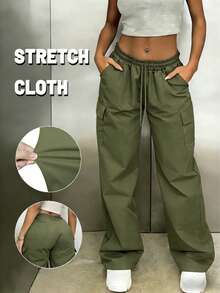 2026 Spring/Summer New Women's High-Waisted Slim Fit Classic Cargo Pants With Multiple Pockets, Casual Wide-Leg Pants, Fashionable Loose Straight Leg Trousers, Street Style, Comfortable And Lightweight, Suitable For Everyday Wear - 軍綠色 - 查看 1