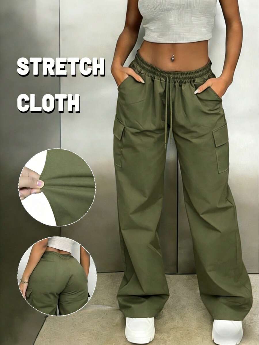 2026 Spring/Summer New Women's High-Waisted Slim Fit Classic Cargo Pants With Multiple Pockets, Casual Wide-Leg Pants, Fashionable Loose Straight Leg Trousers, Street Style, Comfortable And Lightweight, Suitable For Everyday Wear - 軍綠色 - 查看 1