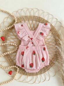 2026 Spring/Summer New Fashion Newborn Cute Strawberry Print Lightweight Cap Sleeve Square Collar Big Bow Decor Romper, Suitable For Holiday, Photo Shoot, And Daily Soft & Adorable Outfit - Baby Pink - View 2