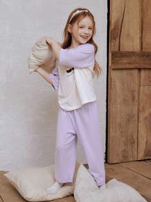 mini bala Bộ đồ ngủ bằng cotton nguyên chất cho bé trai và bé gái, quần dài chín điểm. - hồng tím - Xem 5