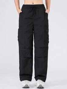 GRIM PANDA 1pc Women's Quick-Dry UPF Sun Protection Cargo Pants With Drawstring Waist, Shell Outdoor Hiking Running Travel Sports Pants Black Fall - Black - View 6