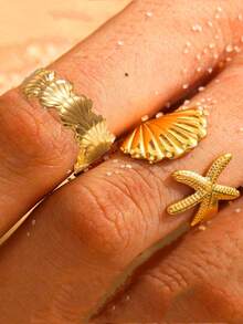 2pcs Bohemian Style Ocean Elements Stainless Steel Rings, Fresh Vacation Seashell & Starfish Adjustable Open Rings For Women, Beach Wear - Ring Set - View 2