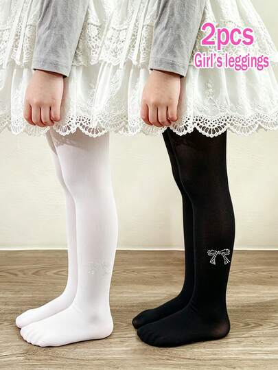 2pcs Girls' Sweet Princess Style Thin Pantyhose For Summer, Sparkling Bow & Rhinestone Design, Versatile Girls' Tights Suitable For Outdoor Activities In Summer