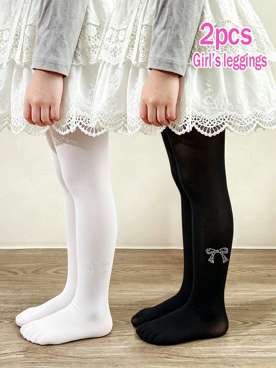 2pcs Girls' Sweet Princess Style Thin Pantyhose For Summer, Sparkling Bow & Rhinestone Design, Versatile Girls' Tights Suitable For Outdoor Activities In Summer - Multicolor - View 1