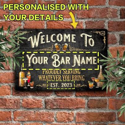 1 Biển hiệu kim loại tên quán bar tùy chỉnh cá nhân hóa - Thiết kế vân gỗ đen cổ điển, Trang trí nghệ thuật bằng sắt 8"X12", Chủ đề Bia & Rượu, Phong cách hiện đại, Không cần nguồn điện, Thích hợp cho gia đình hoặc quán bar, Trang trí nghệ thuật bằng kim loại chỉ để trang trí.