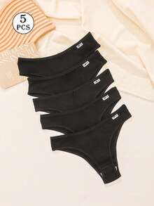 5 piezas Bragas de mujer de alta elasticidad acanaladas, ropa interior con diseño de letras de talle bajo - Negro - Ver 14