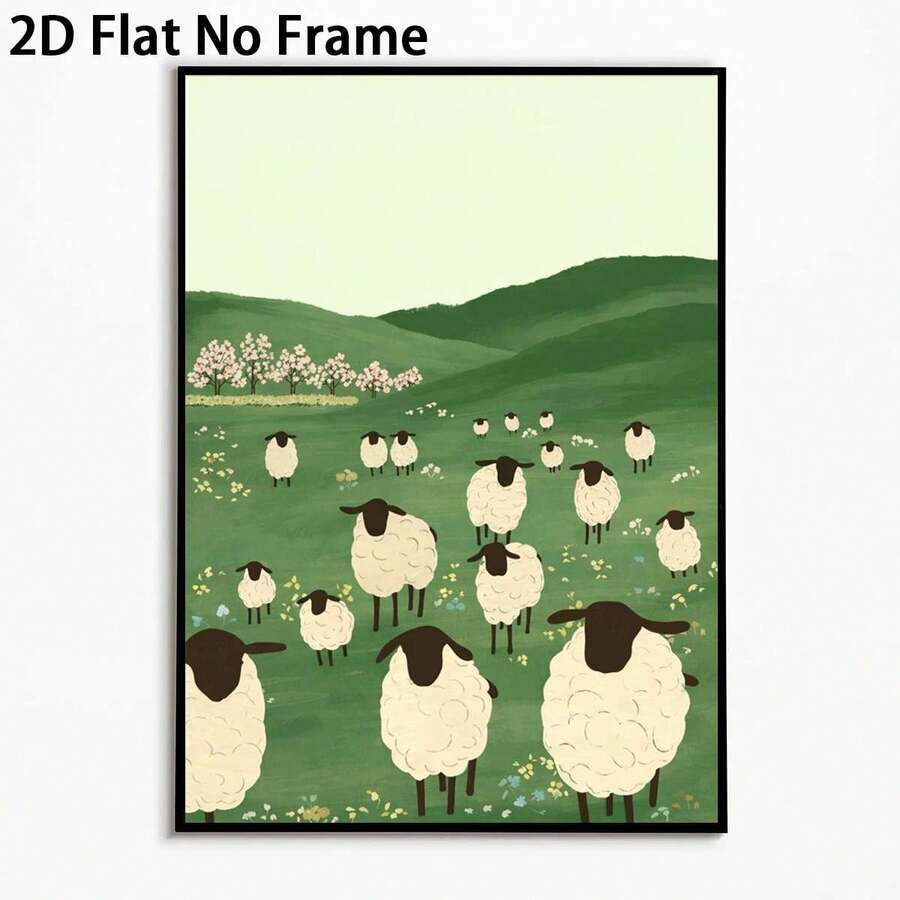 Póster Moderno Minimalista de Oveja en Pradera de Primavera 2D Plano, 1 Pieza - Oveja Pastoral Adecuada para Decoración del Hogar, Lienzo Sin Marco Adecuado para Dormitorio, Cocina, Baño, Decoración de Pascua, Día de San Valentín y Ramadán, Tema Pastoral de Primavera, 2D Plano - Sin marco - Ver 1