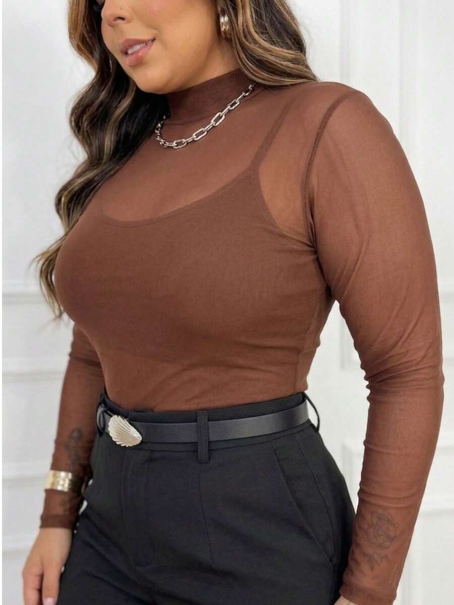 Plain Tulle Body Blouse High Neck Long Sleeve Plus Size - Rỉ Nâu - Xem 1