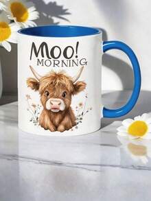 11oz Ceramic Mug - Highland Cow Pattern With "Good Morning" Text, Cute Farmhouse Theme Cup - White - View 8