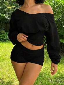 2pcs Women Casual Sports Set, Shorts And Long Sleeve Top, Streetwear Style For Daily Wear Spring - Black - View 11