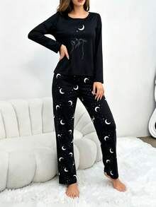 Black Moon Cat Print Long Sleeve & Pants 2 Pieces Pajama Set, Women Casual Loungewear - Black - View 4