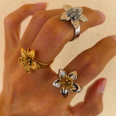 VKHK 1 pieza Anillo abierto con diseño floral chapado en oro de 18K, joya elegante para uso diario como regalo para mujeres