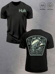 HUKFishing Graphic Mens Short Sleeve Tee, Outdoor Angling Crew Neck Top, Multiple Colors, Ideal Father's Day Gift For Dad, Daily Camping CasualOutfit - 黑色 - 查看 1