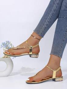 Women's New Gold Rhinestone Sandals, Summer Open Toe Mid-Heel Sandals, Thong Style Shiny Sequins, Personalized Feather Rhinestone Decor - Gold - View 2