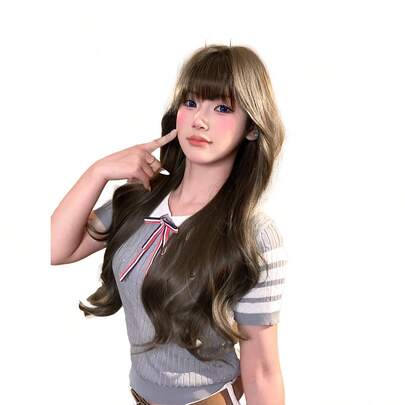 alicegarden 28-Inch Long Synthetic Wig Featuring A Natural Wavy Style In A Stunning Coffee Brow. Designed With Bangs , It Is Crafted From Heat-Resistant Fiber To Ensure Durability. This False Hairpiece Is Perfect For Daily Perfect For Parties, Role-Play And Gatherings Use, Offering A Natural And Realistic Appearance That Mimics It Is Also A Gift For Women.