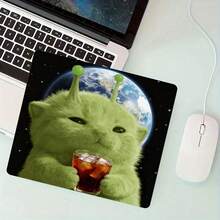 Space Alien Cat Square Mouse Pad, Non-Slip Rubber Base With Stitched Edges, Small Gaming Desk Mat For Gamer Office Home Decor - View 1