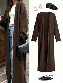 Ribbed Knit Long Cardigan Jacket, Loose Drape Silhouette Long Sleeve Washable Outerwear, Versatile Wardrobe Essential Recommended By Celebrities & Bloggers, Suitable For Business, Casual, Valentine's Day Party, Workdays, Weekends, And Holidays Spring - Coffee Brown - View 7