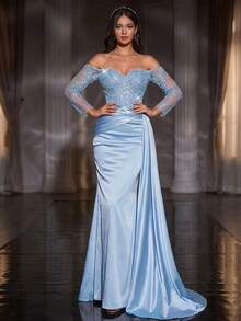 Women's Light Blue Woven Fabric Long Mermaid Dress, Open Shoulder Design, Contrast Sequin Sleeves Party Wedding Spring - Baby Blue - View 8