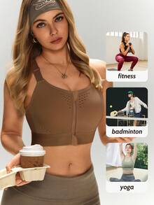1pc Front Zipper Criss-Cross Back Sports Bra, Perforated Design, Wire-Free, Lift & Anti-Sag, All-Season, Home Wear, Inner Layer, Yoga, Fitness, Adjustable Shoulder Straps, Tank Top Style Underwear - Khaki - View 4