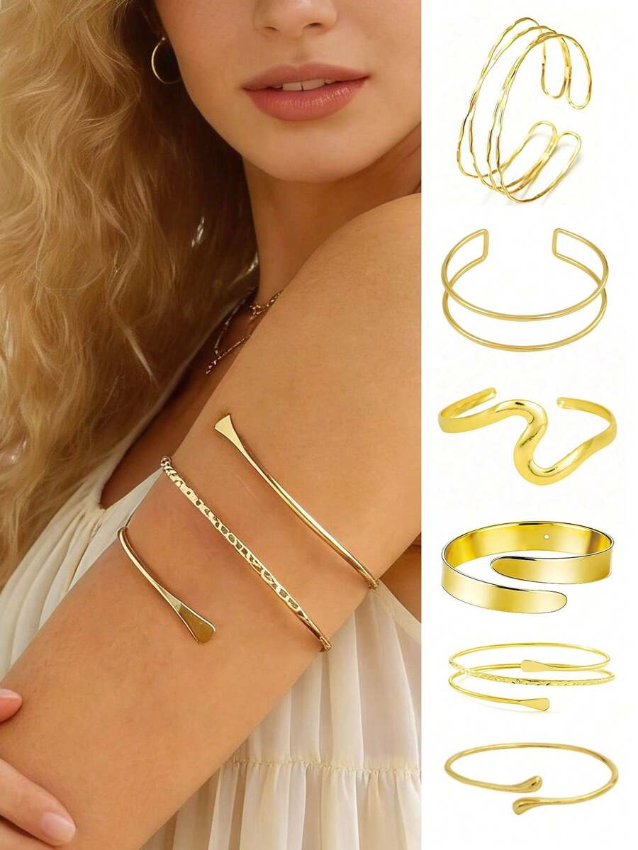 6pcs Metal Minimalist Summer Vacation Style Adjustable Bangle Bracelet Set - 6PC-aT040 - View 1