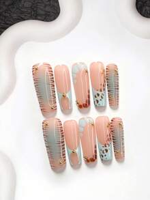 10pcs Y2K Style Handmade Nail Art Set, Including Gel Nail Kit, Metal Ball Decor, Hand-Painted Brown Branch Texture, Blue Stone Path Pattern, Brown Leopard Print Nail Decor, Light Blue Ombre Decor, Blue Nail Polish, Suitable For Various Occasions Like Parties, Daily Wear, Photoshoots, Dates, Commuting In Spring/Summer, Comes With Nail Tools (1 Jelly Sticker + 1 Nail File), Available In 3 Shapes: Almond, Duck Mouth, Coffin - Nhiều màu - Xem 18