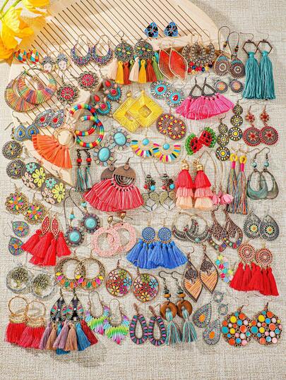 TopHanqi 随机女士度假风耳环套装，波西米亚风彩色几何流苏耳环，日常穿搭、海滩旅行、拍照配饰