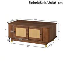 Couchtisch Mit Rattan-Schiebetüren, Abgerundete Ecken, Stauraum, MDF, Holzoptik, Wohnzimmertisch, Modernes Design - Walnut - View 2