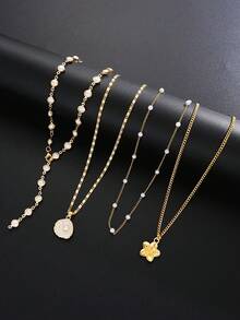 Bộ 4 dây chuyền dài hình chữ Y kiểu Bohemian Châu Âu & Mỹ đính ngọc trai giả và vỏ sò, thích hợp cho phụ nữ đi nghỉ mát mùa hè, dự tiệc và đeo hàng ngày. - Vàng - Xem 4
