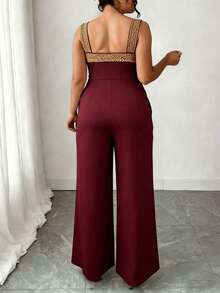 Plus Size Elegant Jumpsuit With Spaghetti Straps, Gold Beaded Trim On Straps And Bust, With Pockets, Wide Leg Pants Style, Suitable For Parties And Banquets Summer - Burgundy - View 5