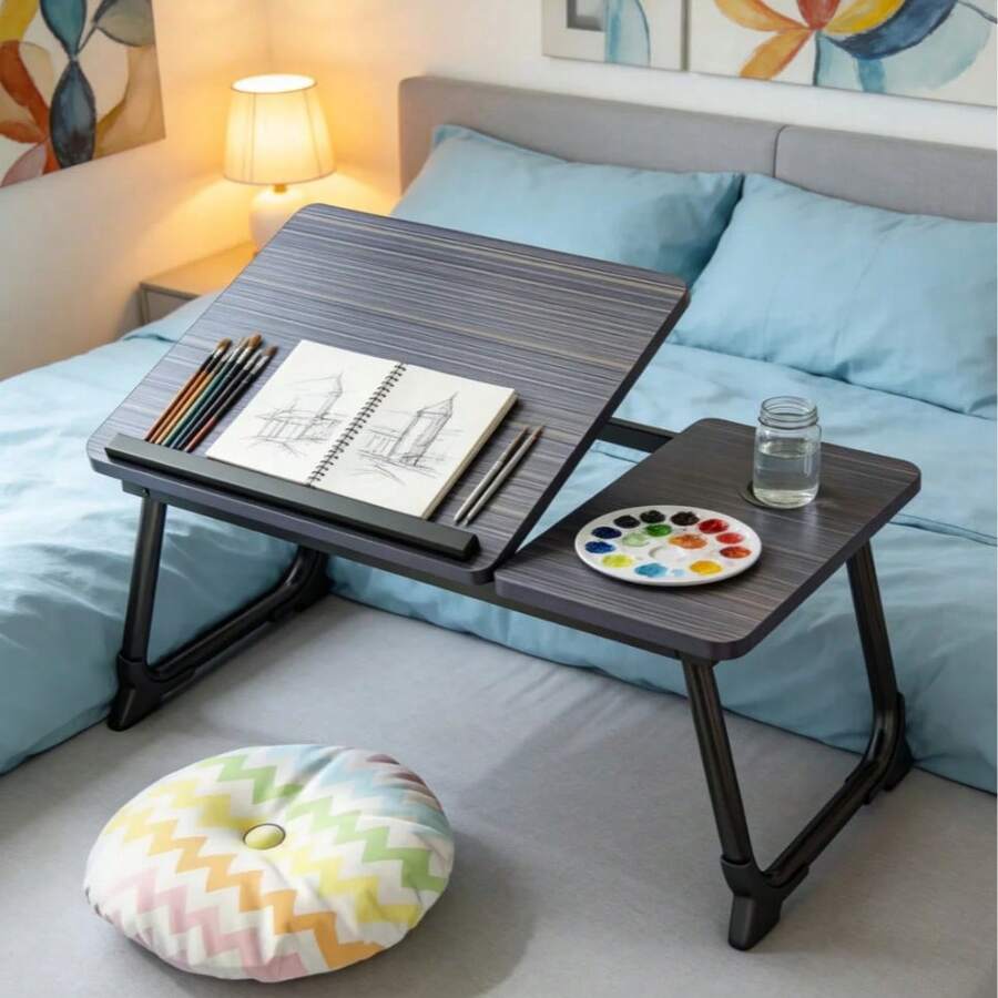 Foldable Adjustable Laptop Desk, 3 Colors Available, Laptop Table, Student Dorm Slouchy Study Desk, Height Adjustable, Foldable, Bed Desk, Computer Desk, 3 Colors, With Cup Holder, Anti-Slip Stopper - Black - View 1