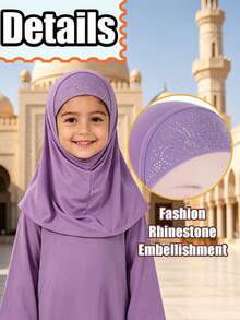 1pc Muslim Children's One-Piece Headscarf, Rhinestone Decor, Multiple Colors, Soft & Comfortable, Easy To Wear, No Tying Required - 1PC - View 2