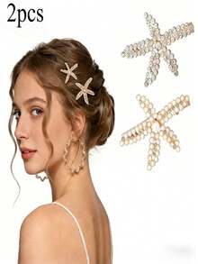 2 pièces Pinces à cheveux avec étoile de mer en cristal et perle, coiffe de style luxueux, accessoire de coiffure pour mariée pour la saison des mariages, également adapté pour un port quotidien, décoration de coiffure pour vacances à la plage, accessoire capillaire polyvalent et haut de gamme - multicolore - Voir 5
