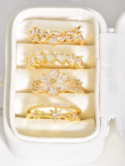 1 Set Of 4 Vintage Rings, 24K Gold Plated Luxury Rings, Suitable For Daily Wear And Stacking
