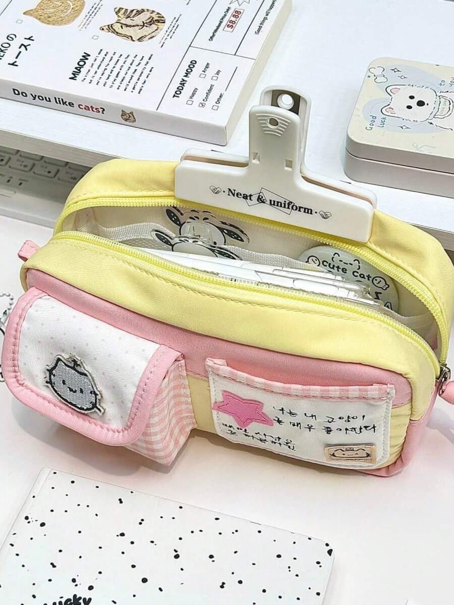 1 pieza Estuche de lápices con diseño de gato de color dopamina, bolsa de almacenamiento de papelería multifuncional de gran capacidad y muy atractiva, adecuada para estudiantes