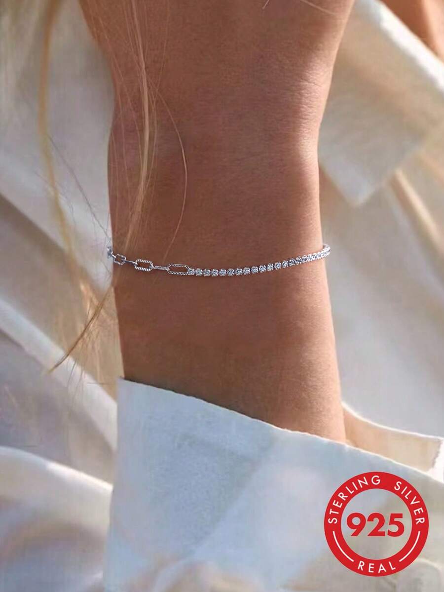 1pc Romantic S925 Sterling Silver Zirconia Stone Bracelet, Exquisite Jewelry, Gift For Women, Girlfriend, Ladies Jewelry, Wedding Engagement Bride Jewelry