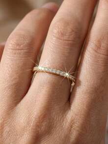 1 chiếc nhẫn đồng thiết kế tối giản đính đá Cubic Zirconia, thích hợp cho nữ đeo hàng ngày. - Vàng - Xem 3