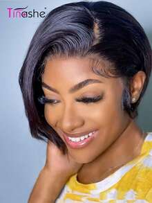 Tinashe 无胶真人发假发 精灵短直侧分 6*4 蕾丝假发 8 英寸 万圣节服装 女士 万圣节美甲 烫发器 无胶假发 真人发 万圣节妆容 Cosplay 仙女发 婚礼美人鱼黑色假发 美发用品 - SNatural - 查看 5