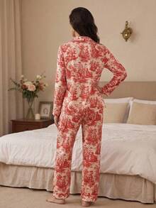 两件套女士印花冰丝睡衣套装，简约翻领长袖家居服套装，两件套，秋冬服装，圣诞节 - 紅色 - 查看 2