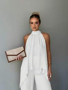 Women's 2-Piece Set, Elegant Solid Color Front Short Back Long Twist Halter Neck Top And Long Pants, Suitable For Party, Vacation, Street, Date In Spring/Summer White - White - View 6