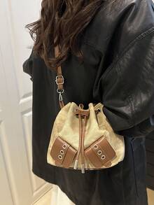 Bolso de cubo mini con cordón para mujer, bolso de hombro acolchado casual para exteriores - Caqui - Ver 3