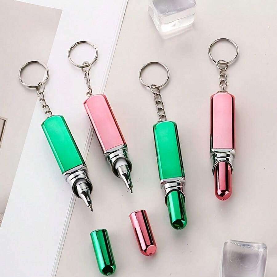 2pcs Pink + Green Creative Lipstick Shaped Ballpoint Pen Keychain, Perfect Small Gift, Smooth Writing, Convenient Carrying, Multifunctional Keychain, Pen, Keychain, Pendant