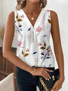 Women's Floral Print V-Neck Sleeveless Casual Beach Tank Top Vacation - White - View 4