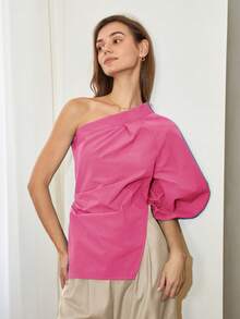 Summer Fashion Solid Color Side Slit One Shoulder Blouse Pink - Pink - View 4
