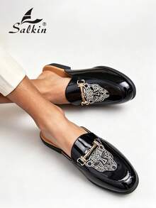 Salkin 新款時尚設計師男款穆勒拖鞋，透氣柔軟一腳蹬樂福鞋，優雅紳士拖鞋，帶足弓支撐的男士居家鞋，柔軟皮革，防滑橡膠底，室內/室外辦公休閒鞋，舒適涼鞋，給父親/丈夫/男朋友的節日禮物，建議選擇大一號 - 亮黑色 - 查看 7