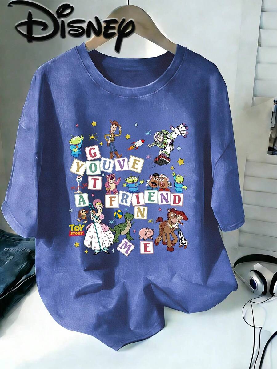 Disney Toy Story You've Got A Friend In Me Vintage Washed Brown Oversized Cotton T-Shirt, Extra Large Baggy Fit Tee For Family, Toy Story Fan Top - Màu xanh lam - Xem 1