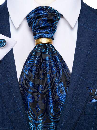 Bộ cà vạt Ascot màu xanh dương hiện đại, khăn cài túi áo, khuy măng sét và nhẫn, thích hợp cho tiệc tối hoặc lễ kỷ niệm.