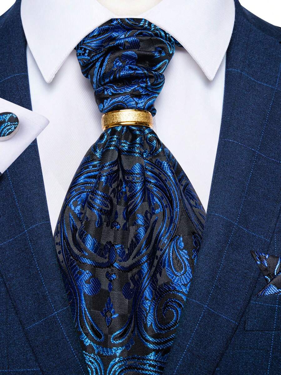 Modern Blue Ascot Tie Pocket Square Cufflinks Ring Set For Dinner Party Celebration - Blue - View 1